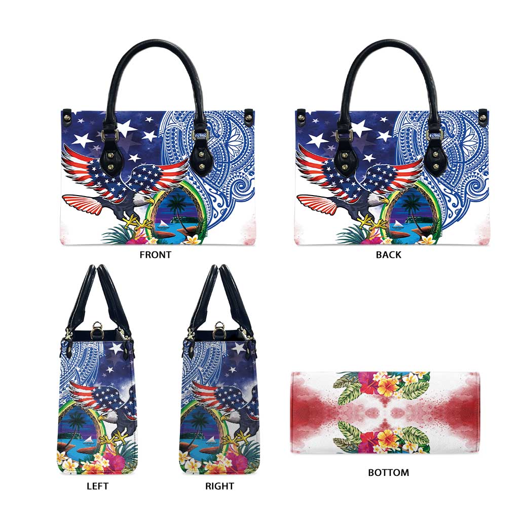 Guam and United States Together Leather Bag Bald Eagle and Guam Seal with Flower and Tribal Tattoos LT03 - Polynesian Pride