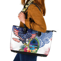 Guam and United States Together Leather Tote Bag Bald Eagle and Guam Seal with Flower and Tribal Tattoos LT03 Multicolor - Polynesian Pride
