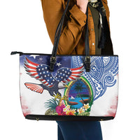 Guam and United States Together Leather Tote Bag Bald Eagle and Guam Seal with Flower and Tribal Tattoos LT03 - Polynesian Pride