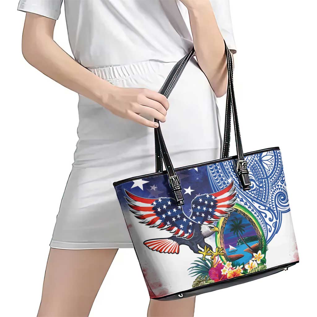 Guam and United States Together Leather Tote Bag Bald Eagle and Guam Seal with Flower and Tribal Tattoos LT03 - Polynesian Pride