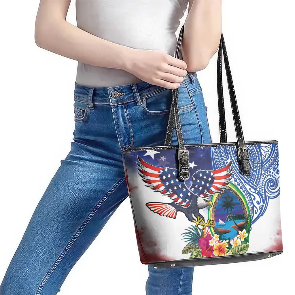 Guam and United States Together Leather Tote Bag Bald Eagle and Guam Seal with Flower and Tribal Tattoos LT03 - Polynesian Pride