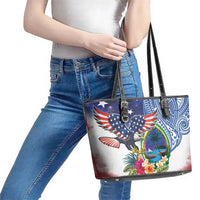 Guam and United States Together Leather Tote Bag Bald Eagle and Guam Seal with Flower and Tribal Tattoos LT03 - Polynesian Pride