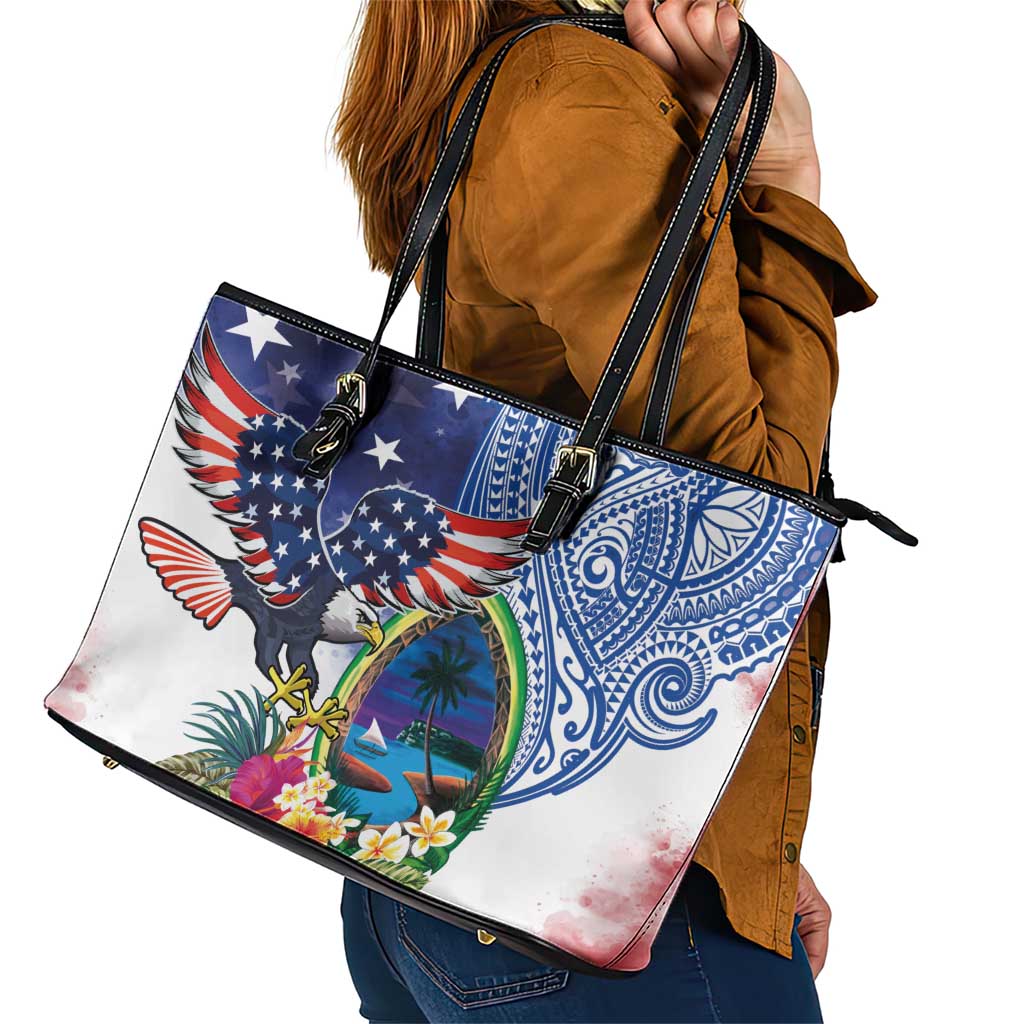 Guam and United States Together Leather Tote Bag Bald Eagle and Guam Seal with Flower and Tribal Tattoos LT03 - Polynesian Pride