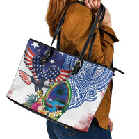 Guam and United States Together Leather Tote Bag Bald Eagle and Guam Seal with Flower and Tribal Tattoos LT03 - Polynesian Pride