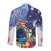 Guam and United States Together Long Sleeve Button Shirt Bald Eagle and Guam Seal with Flower and Tribal Tattoos LT03 - Polynesian Pride