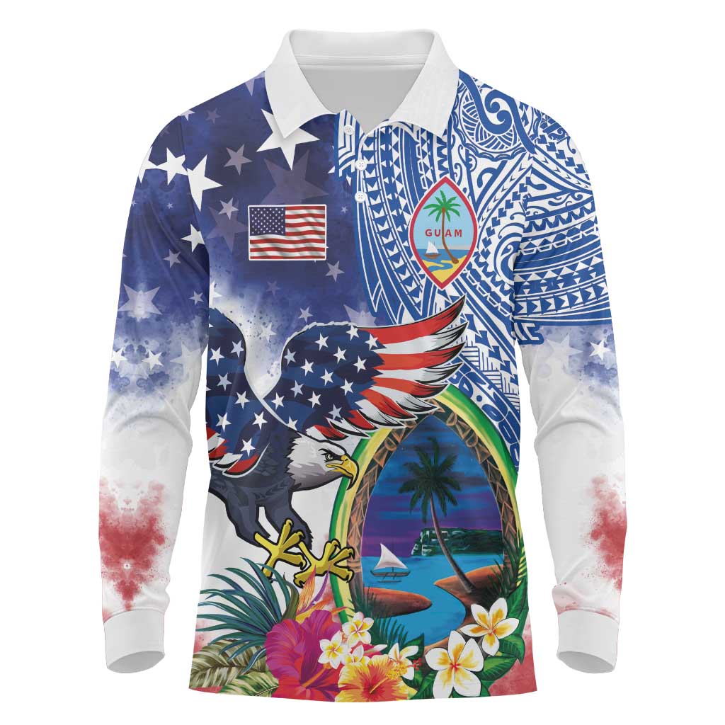 Guam and United States Together Long Sleeve Polo Shirt Bald Eagle and Guam Seal with Flower and Tribal Tattoos LT03 Multicolor - Polynesian Pride