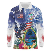 Guam and United States Together Long Sleeve Polo Shirt Bald Eagle and Guam Seal with Flower and Tribal Tattoos LT03 Multicolor - Polynesian Pride