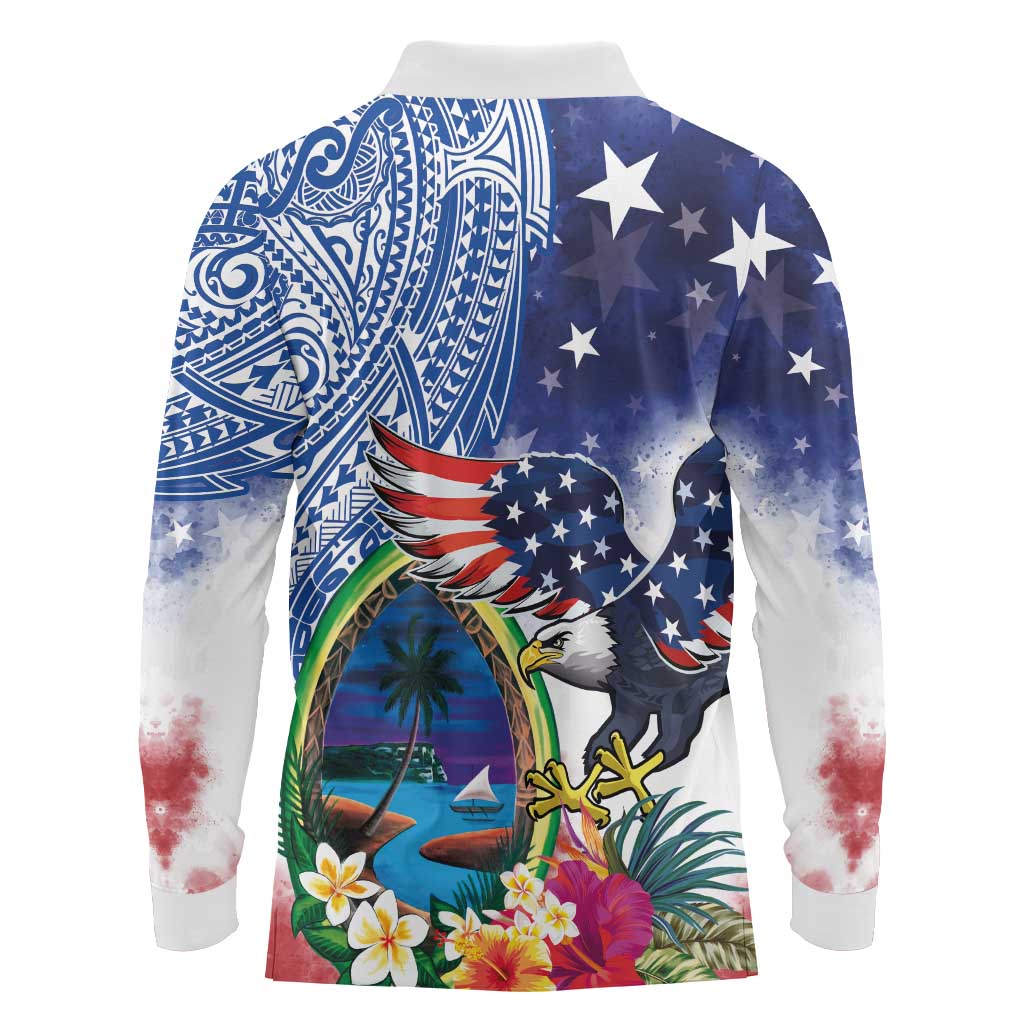 Guam and United States Together Long Sleeve Polo Shirt Bald Eagle and Guam Seal with Flower and Tribal Tattoos LT03 - Polynesian Pride