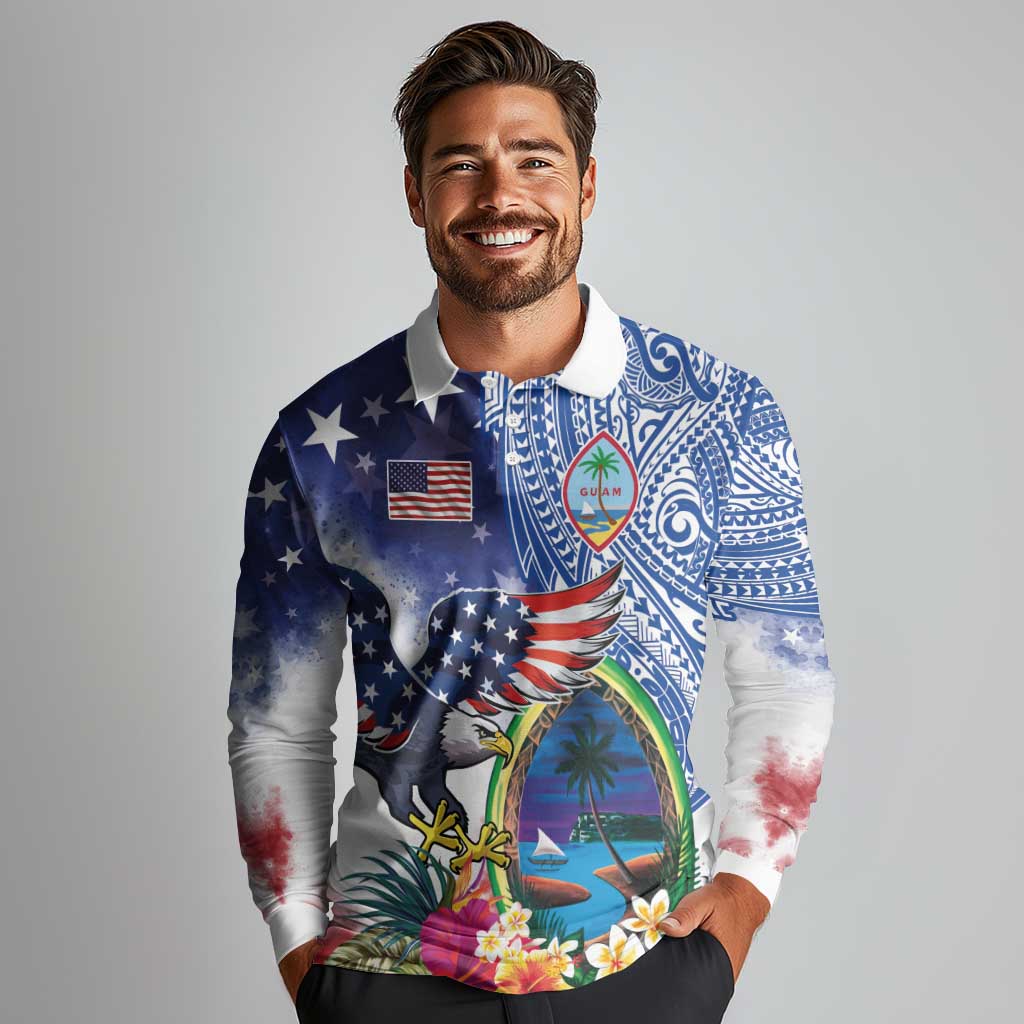 Guam and United States Together Long Sleeve Polo Shirt Bald Eagle and Guam Seal with Flower and Tribal Tattoos LT03 - Polynesian Pride