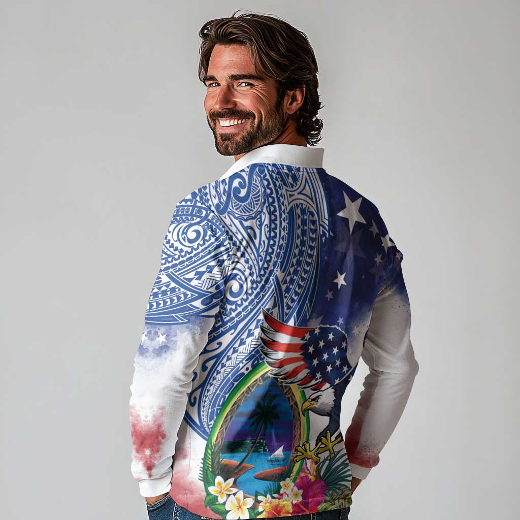 Guam and United States Together Long Sleeve Polo Shirt Bald Eagle and Guam Seal with Flower and Tribal Tattoos LT03 - Polynesian Pride
