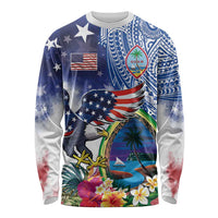 Guam and United States Together Long Sleeve Shirt Bald Eagle and Guam Seal with Flower and Tribal Tattoos LT03 Unisex Multicolor - Polynesian Pride