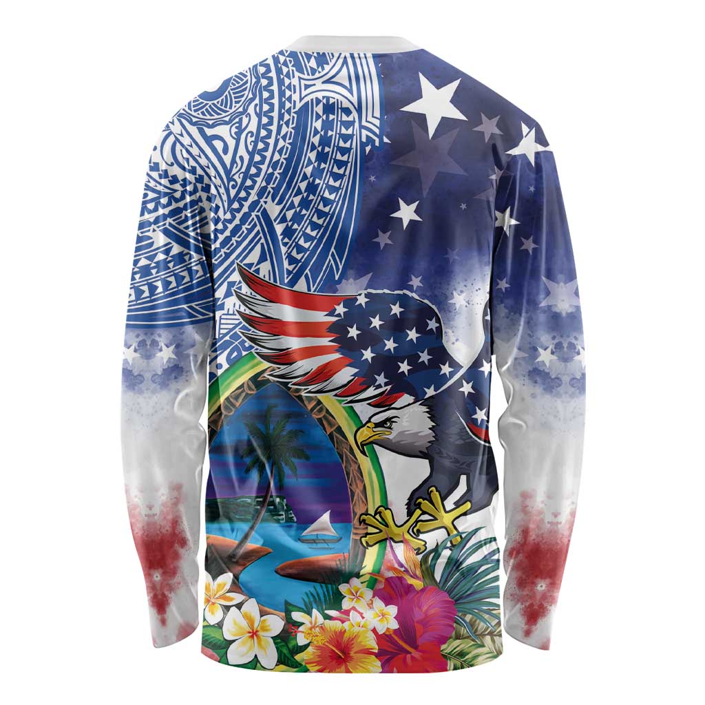 Guam and United States Together Long Sleeve Shirt Bald Eagle and Guam Seal with Flower and Tribal Tattoos LT03 - Polynesian Pride