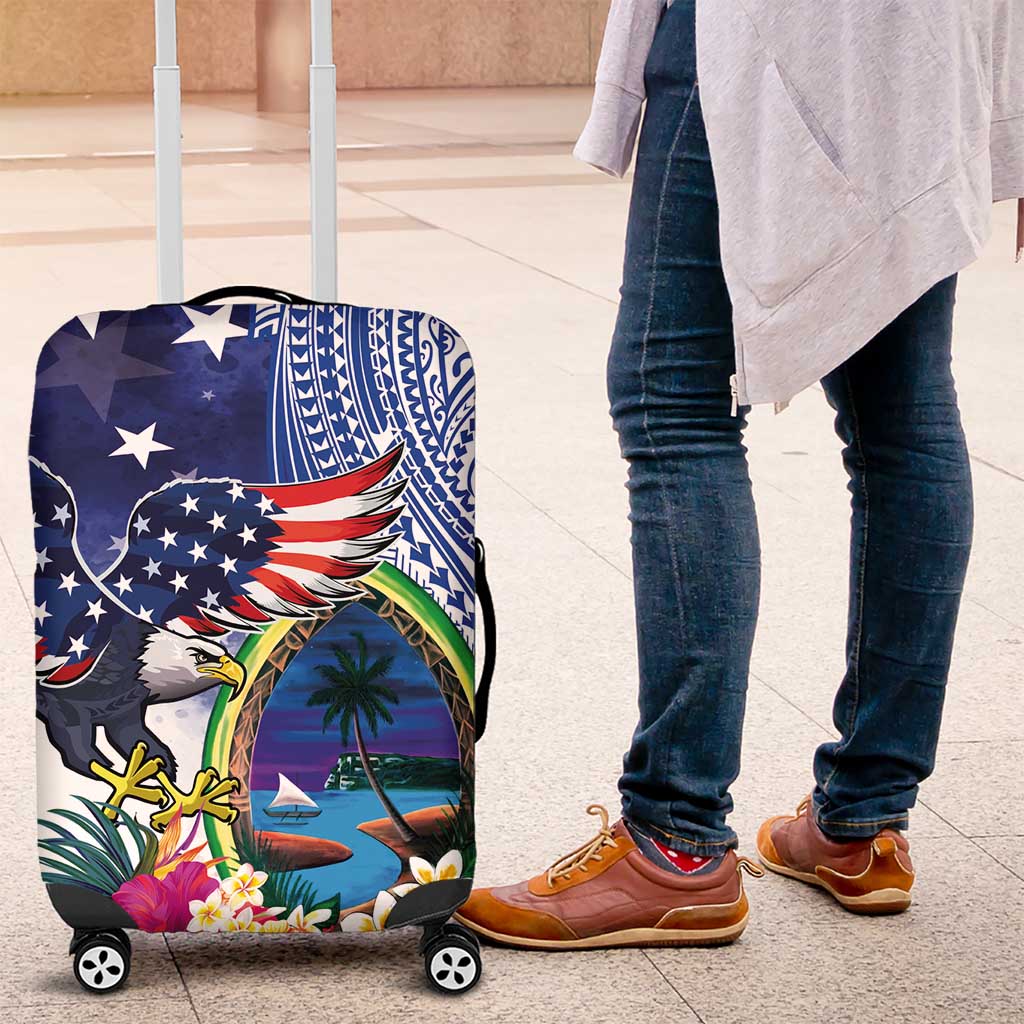 Guam and United States Together Luggage Cover Bald Eagle and Guam Seal with Flower and Tribal Tattoos LT03 Multicolor - Polynesian Pride