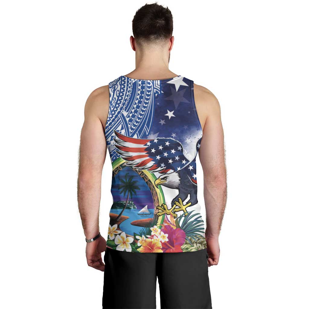 Guam and United States Together Men Tank Top Bald Eagle and Guam Seal with Flower and Tribal Tattoos LT03 - Polynesian Pride