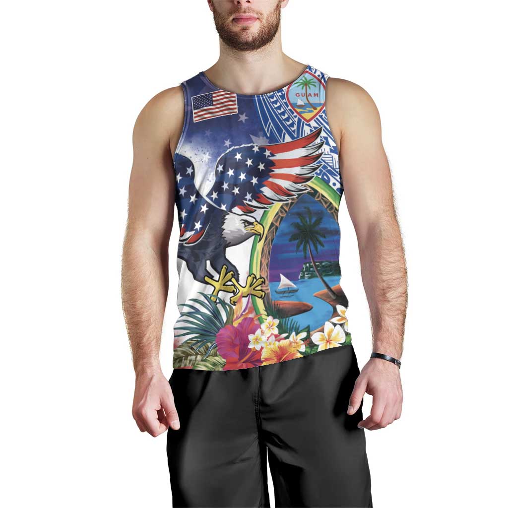 Guam and United States Together Men Tank Top Bald Eagle and Guam Seal with Flower and Tribal Tattoos LT03 - Polynesian Pride