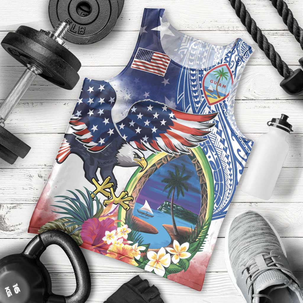 Guam and United States Together Men Tank Top Bald Eagle and Guam Seal with Flower and Tribal Tattoos LT03 - Polynesian Pride