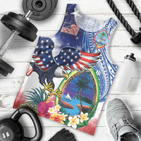 Guam and United States Together Men Tank Top Bald Eagle and Guam Seal with Flower and Tribal Tattoos LT03 - Polynesian Pride