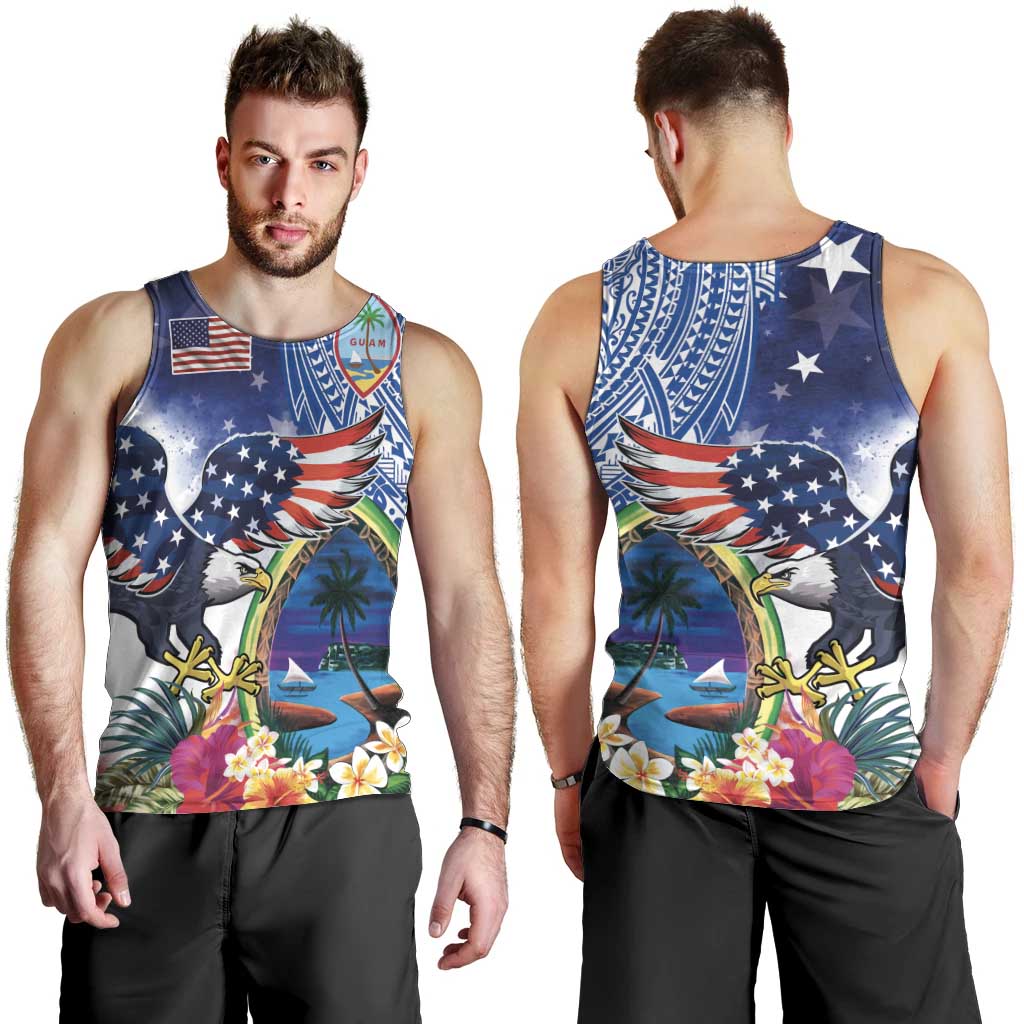 Guam and United States Together Men Tank Top Bald Eagle and Guam Seal with Flower and Tribal Tattoos LT03 - Polynesian Pride