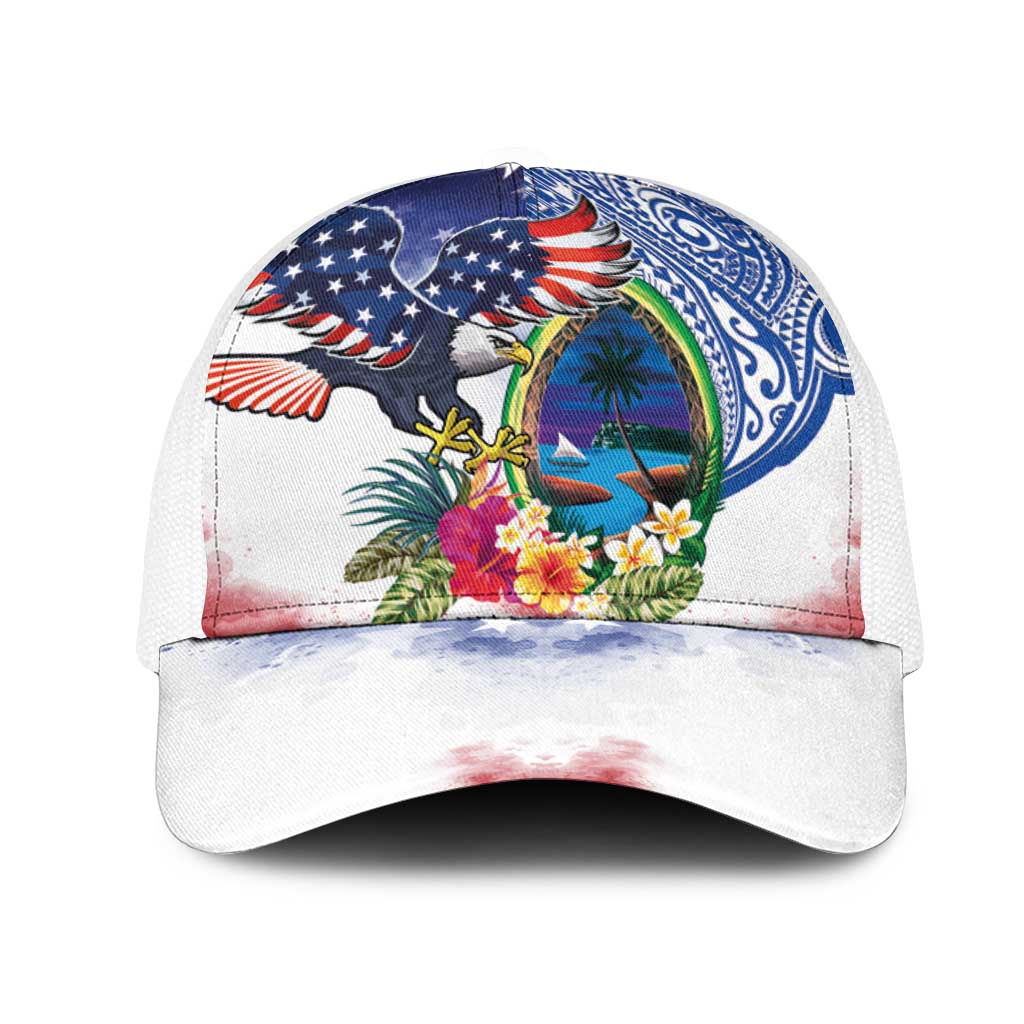 Guam and United States Together Mesh Trucker Cap Bald Eagle and Guam Seal with Flower and Tribal Tattoos LT03 One Size White Multicolor - Polynesian Pride