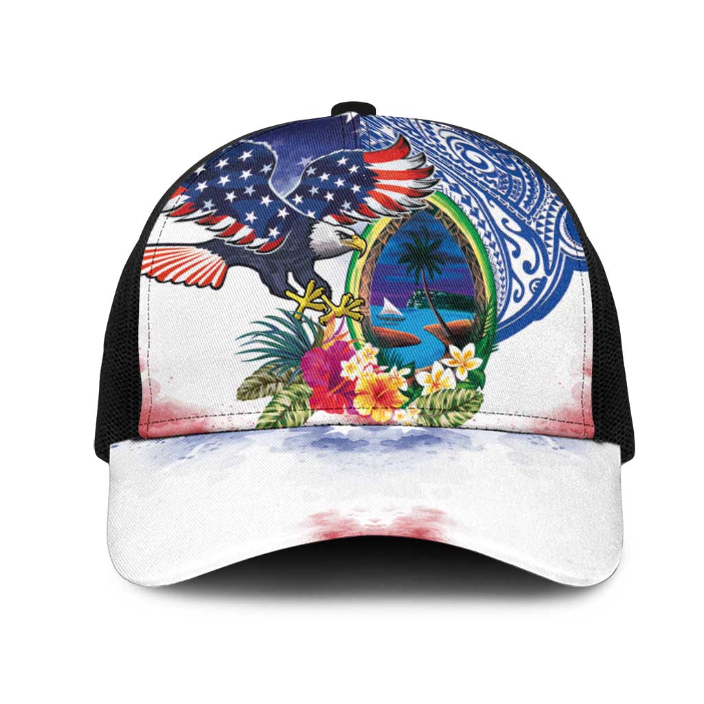 Guam and United States Together Mesh Trucker Cap Bald Eagle and Guam Seal with Flower and Tribal Tattoos LT03 One Size Black Multicolor - Polynesian Pride