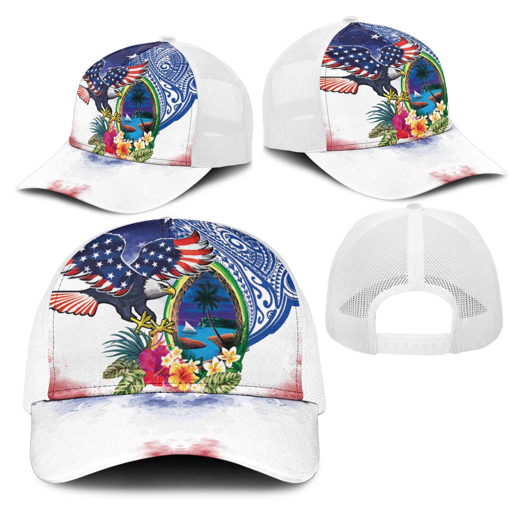 Guam and United States Together Mesh Trucker Cap Bald Eagle and Guam Seal with Flower and Tribal Tattoos LT03 - Polynesian Pride