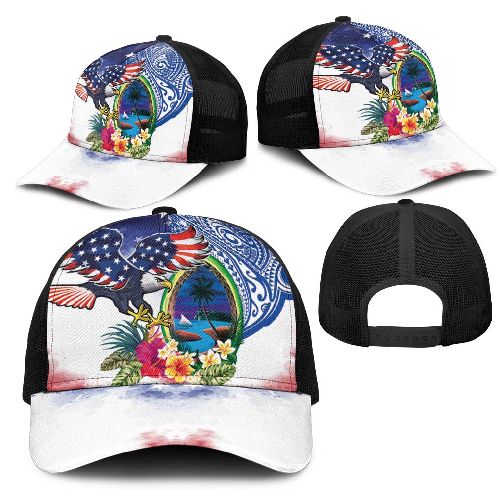 Guam and United States Together Mesh Trucker Cap Bald Eagle and Guam Seal with Flower and Tribal Tattoos LT03 - Polynesian Pride