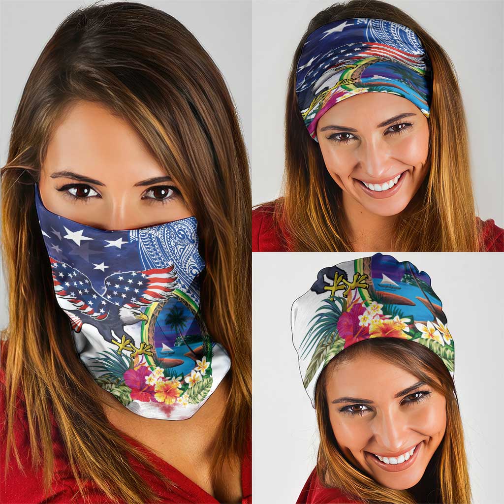 Guam and United States Together Neck Gaiter Bald Eagle and Guam Seal with Flower and Tribal Tattoos LT03 - Polynesian Pride