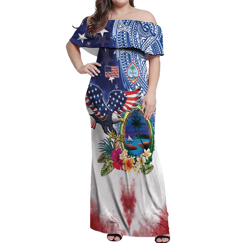 Guam and United States Together Off Shoulder Maxi Dress Bald Eagle and Guam Seal with Flower and Tribal Tattoos LT03 Women Multicolor - Polynesian Pride