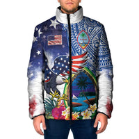 Guam and United States Together Padded Jacket Bald Eagle and Guam Seal with Flower and Tribal Tattoos LT03 Men Multicolor - Polynesian Pride