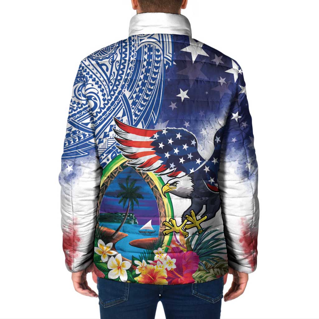 Guam and United States Together Padded Jacket Bald Eagle and Guam Seal with Flower and Tribal Tattoos LT03 - Polynesian Pride