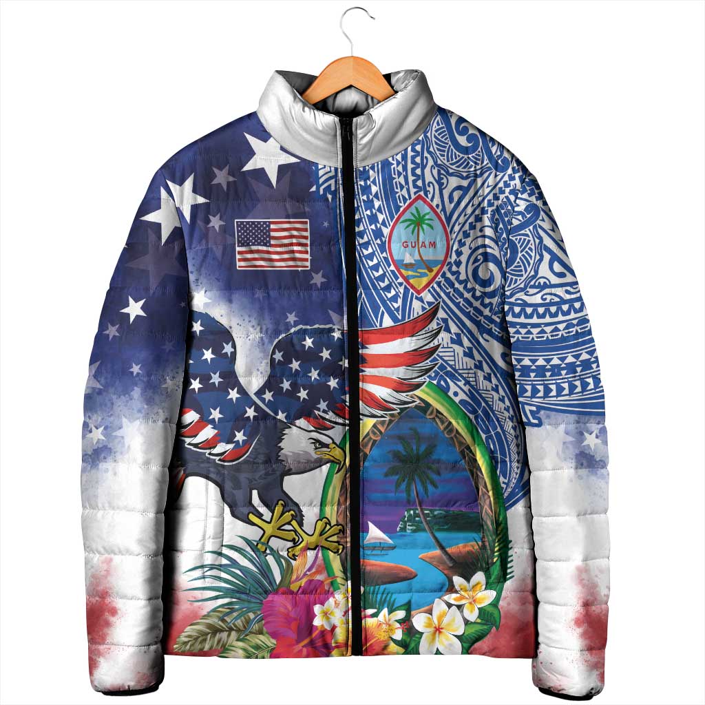 Guam and United States Together Padded Jacket Bald Eagle and Guam Seal with Flower and Tribal Tattoos LT03 - Polynesian Pride