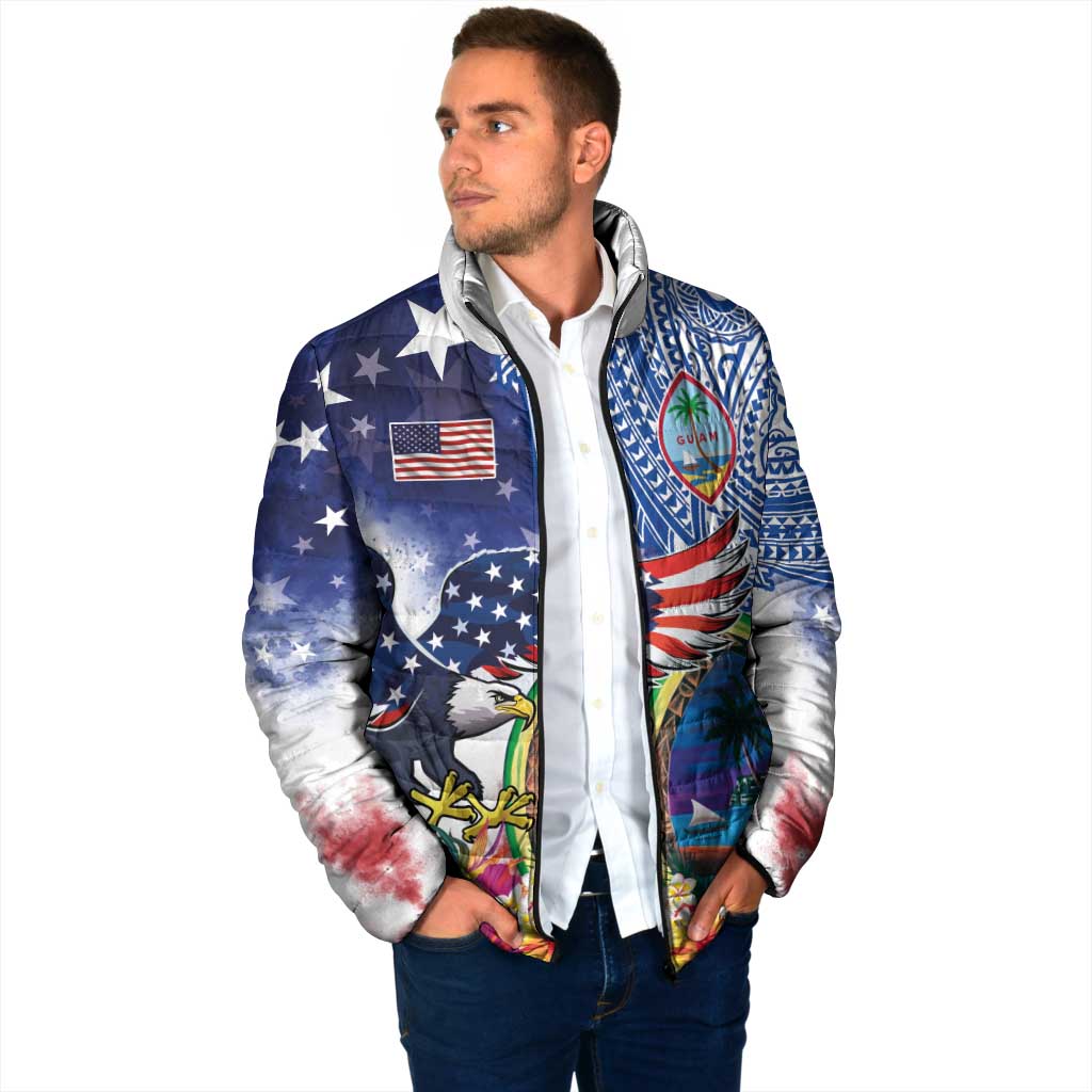 Guam and United States Together Padded Jacket Bald Eagle and Guam Seal with Flower and Tribal Tattoos LT03 - Polynesian Pride
