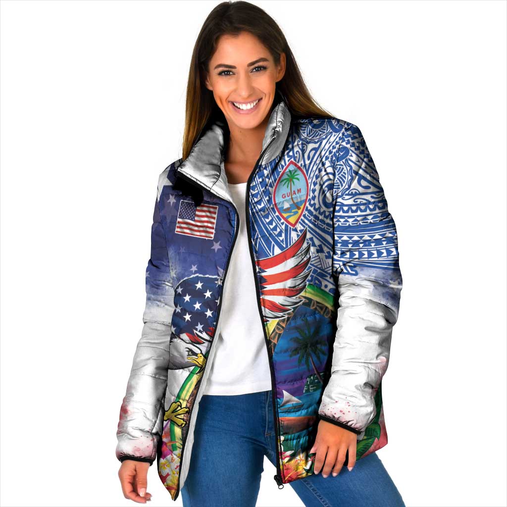 Guam and United States Together Padded Jacket Bald Eagle and Guam Seal with Flower and Tribal Tattoos LT03 Women Multicolor - Polynesian Pride