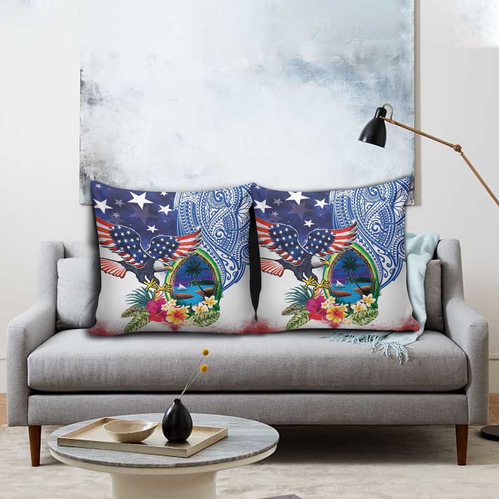 Guam and United States Together Pillow Cover Bald Eagle and Guam Seal with Flower and Tribal Tattoos LT03 - Polynesian Pride