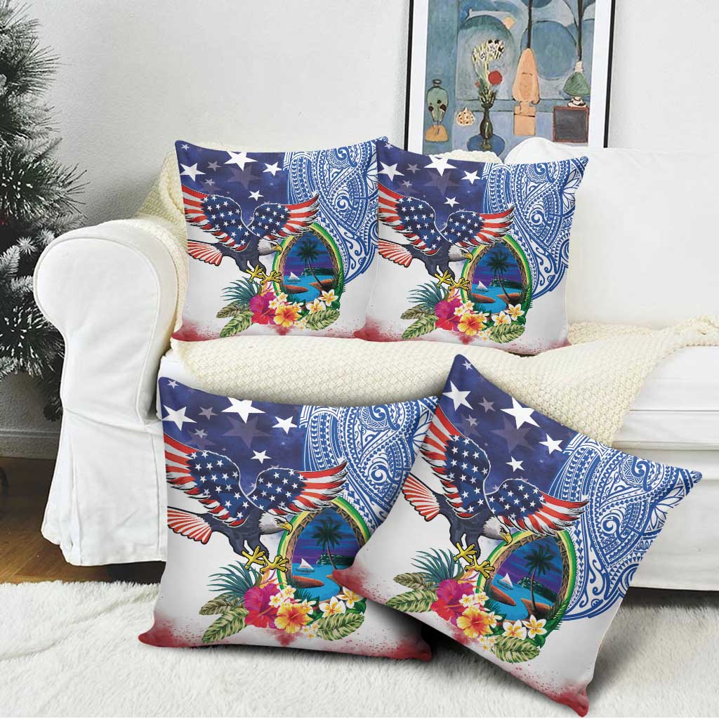 Guam and United States Together Pillow Cover Bald Eagle and Guam Seal with Flower and Tribal Tattoos LT03 - Polynesian Pride
