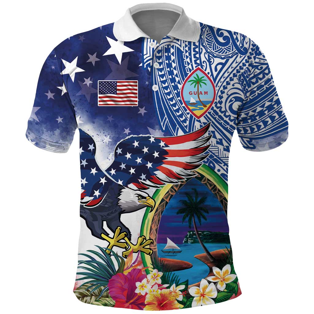 Guam and United States Together Polo Shirt Bald Eagle and Guam Seal with Flower and Tribal Tattoos LT03 Multicolor - Polynesian Pride