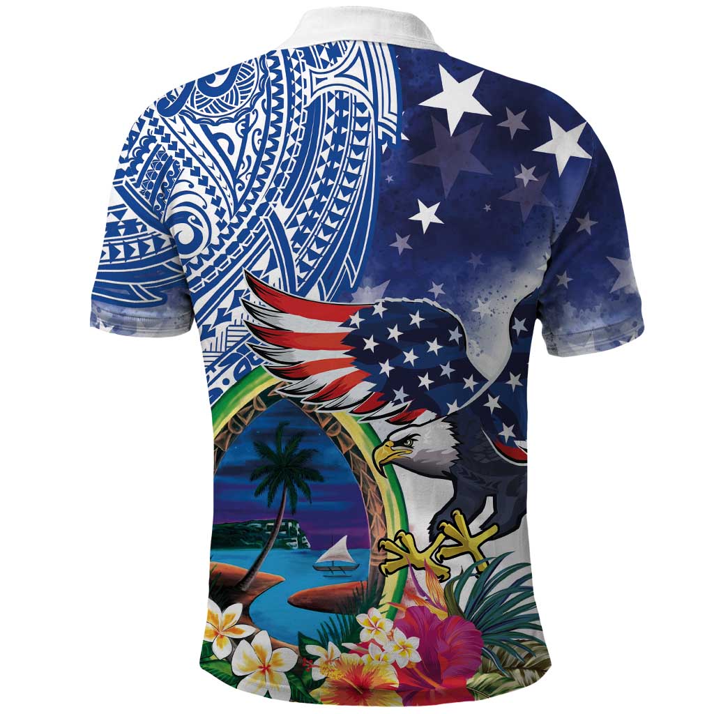 Guam and United States Together Polo Shirt Bald Eagle and Guam Seal with Flower and Tribal Tattoos LT03 - Polynesian Pride