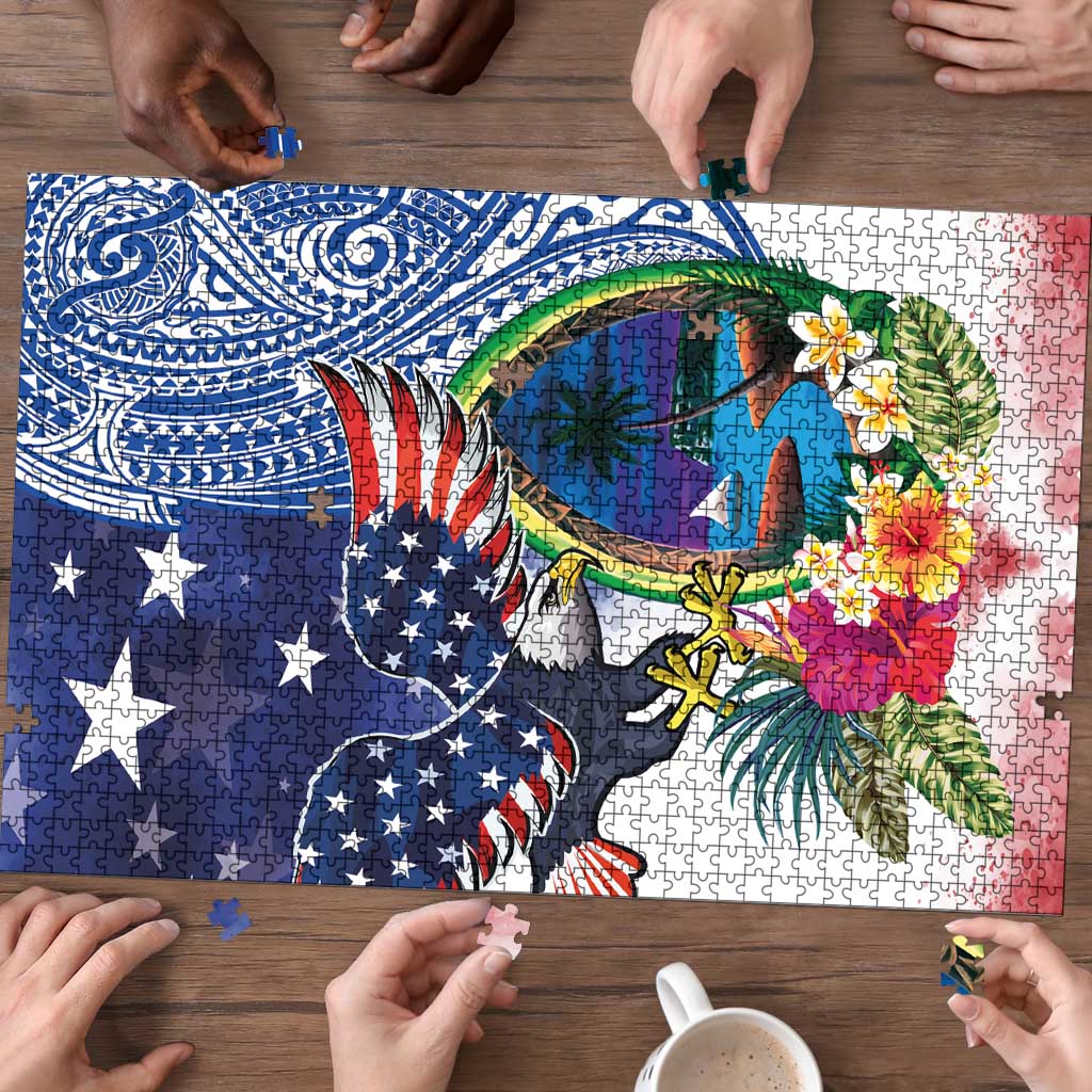 Guam and United States Together Puzzle Bald Eagle and Guam Seal with Flower and Tribal Tattoos LT03 - Polynesian Pride
