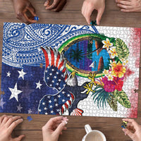 Guam and United States Together Puzzle Bald Eagle and Guam Seal with Flower and Tribal Tattoos LT03 - Polynesian Pride