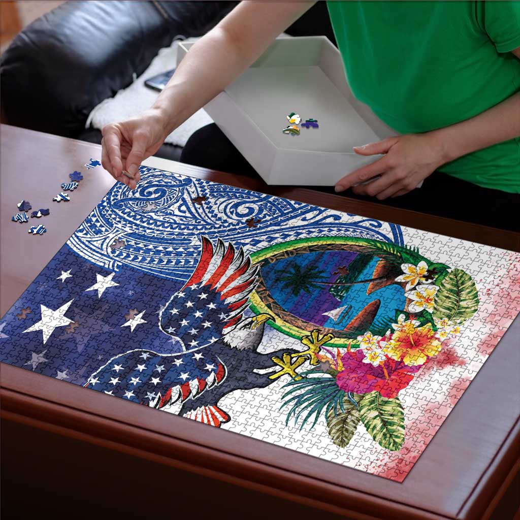 Guam and United States Together Puzzle Bald Eagle and Guam Seal with Flower and Tribal Tattoos LT03 - Polynesian Pride