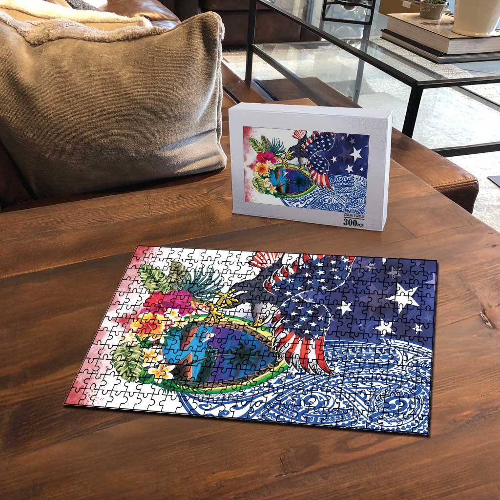 Guam and United States Together Puzzle Bald Eagle and Guam Seal with Flower and Tribal Tattoos LT03 - Polynesian Pride