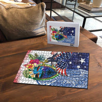 Guam and United States Together Puzzle Bald Eagle and Guam Seal with Flower and Tribal Tattoos LT03 - Polynesian Pride
