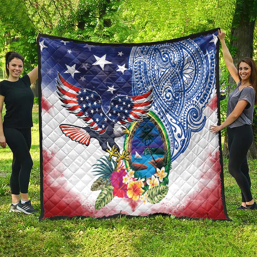 Guam and United States Together Quilt Bald Eagle and Guam Seal with Flower and Tribal Tattoos LT03 - Polynesian Pride