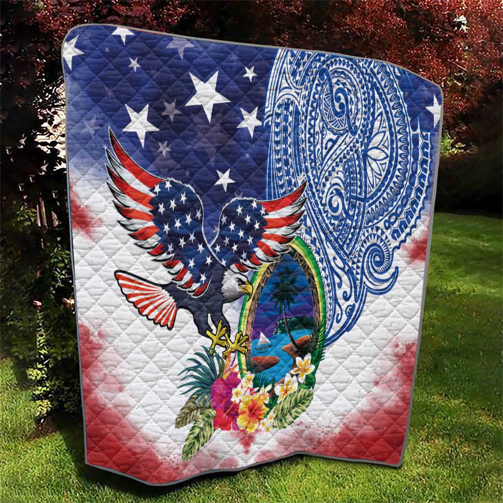 Guam and United States Together Quilt Bald Eagle and Guam Seal with Flower and Tribal Tattoos LT03 - Polynesian Pride