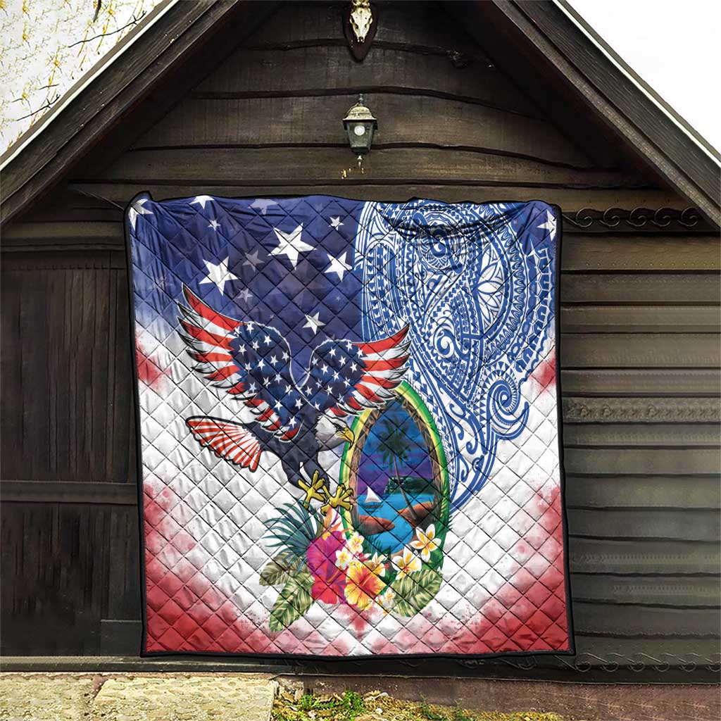 Guam and United States Together Quilt Bald Eagle and Guam Seal with Flower and Tribal Tattoos LT03 - Polynesian Pride