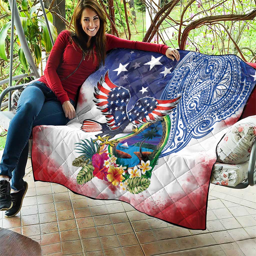 Guam and United States Together Quilt Bald Eagle and Guam Seal with Flower and Tribal Tattoos LT03 - Polynesian Pride