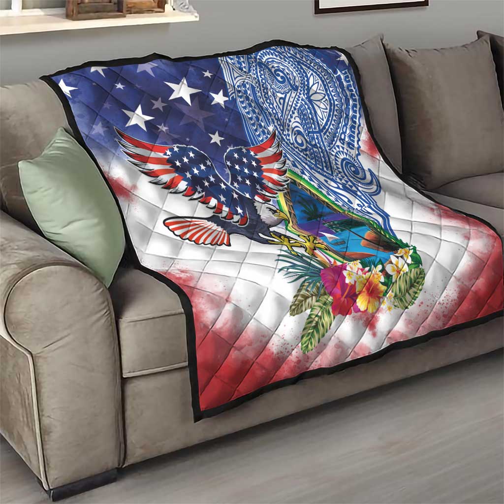 Guam and United States Together Quilt Bald Eagle and Guam Seal with Flower and Tribal Tattoos LT03 - Polynesian Pride