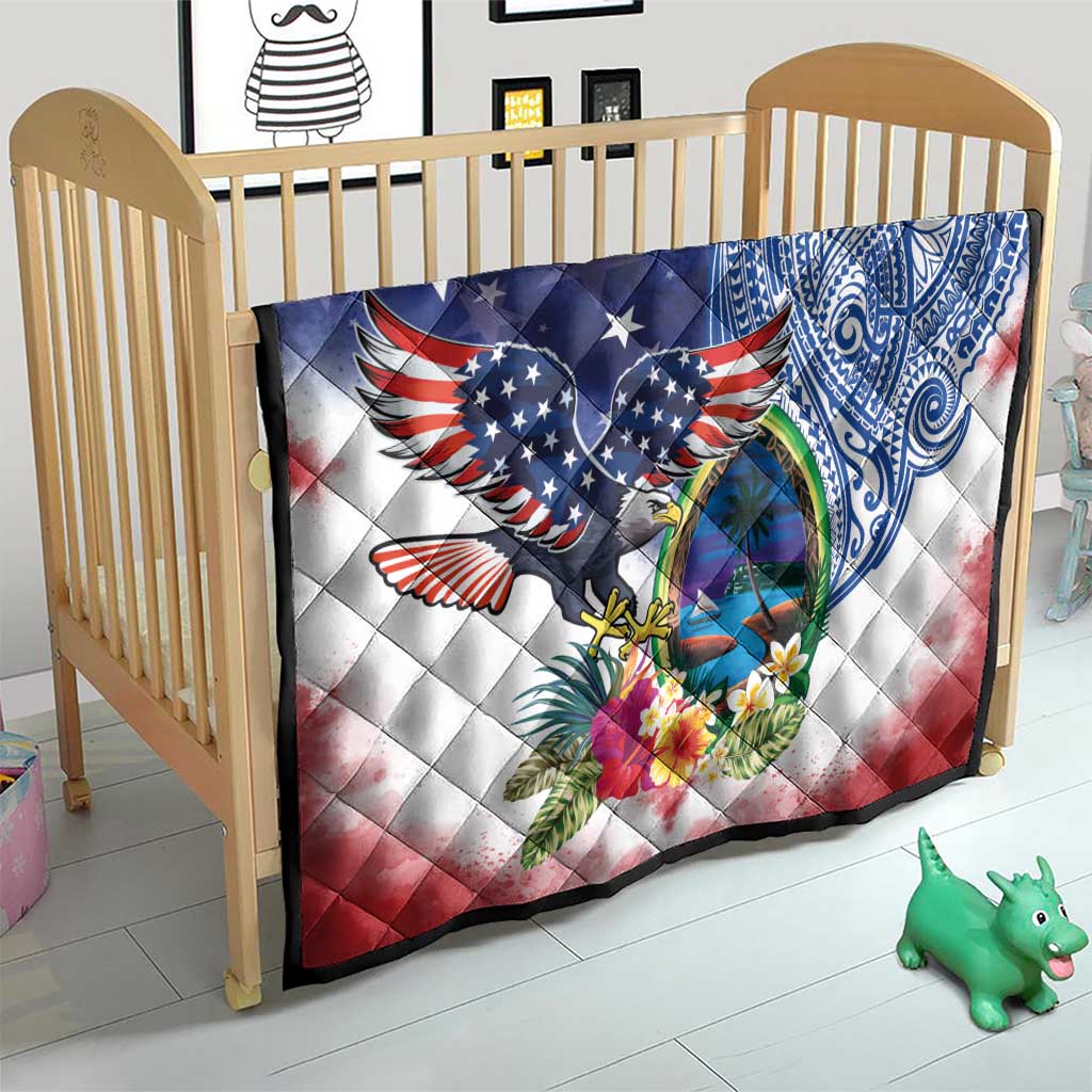Guam and United States Together Quilt Bald Eagle and Guam Seal with Flower and Tribal Tattoos LT03 - Polynesian Pride