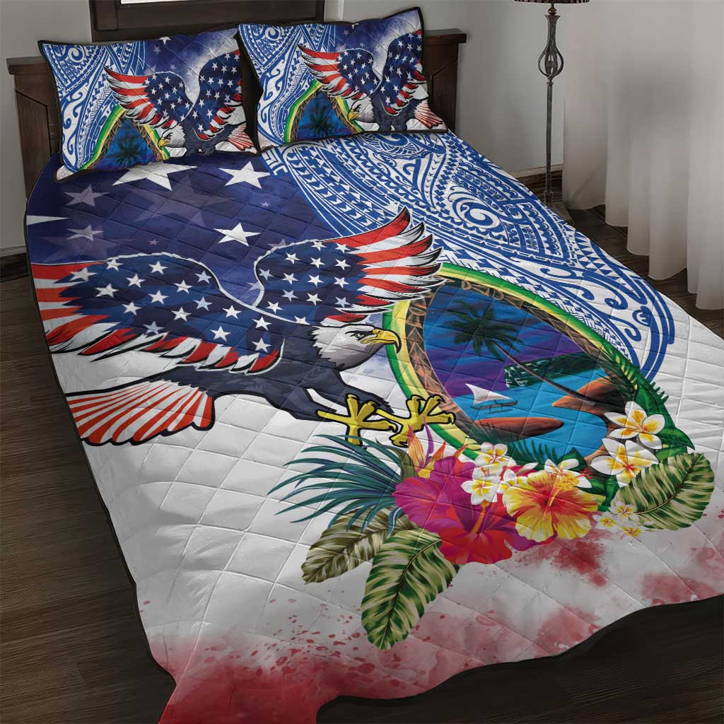 Guam and United States Together Quilt Bed Set Bald Eagle and Guam Seal with Flower and Tribal Tattoos LT03 Multicolor - Polynesian Pride