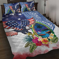 Guam and United States Together Quilt Bed Set Bald Eagle and Guam Seal with Flower and Tribal Tattoos LT03 Multicolor - Polynesian Pride